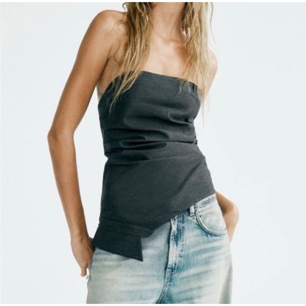Zara Asymmetric Pinstripe Strapless Tube Top Charcoal Grey XL Corset Style